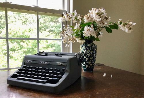 gray Royal typewriter near white flowers in vase on brown table